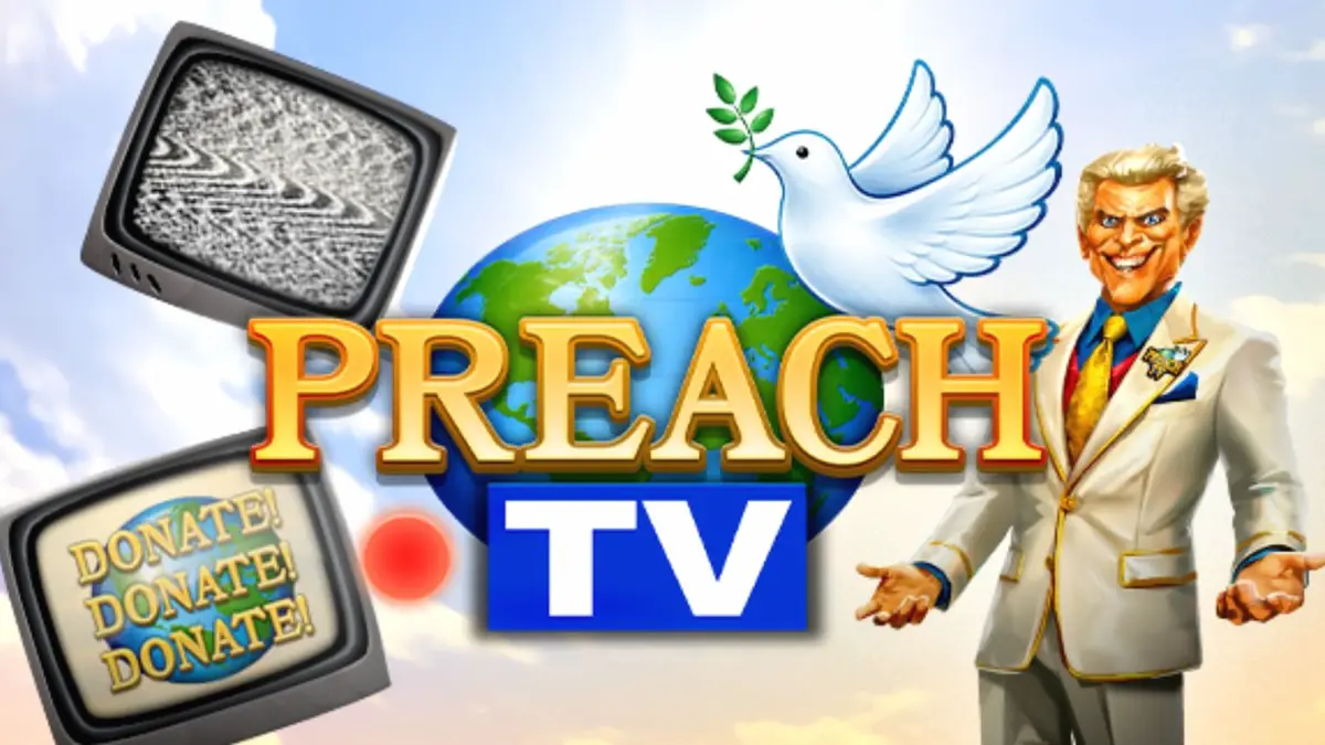 Tampilan visual slot Preach TV dengan tema studio televisi 90-an dan simbol-simbol satir.
