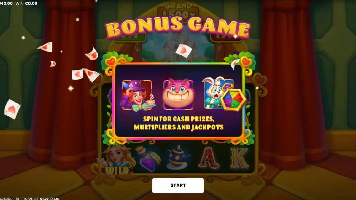 Tampilan visual slot Alice in Cashland dengan tema Wonderland yang memukau