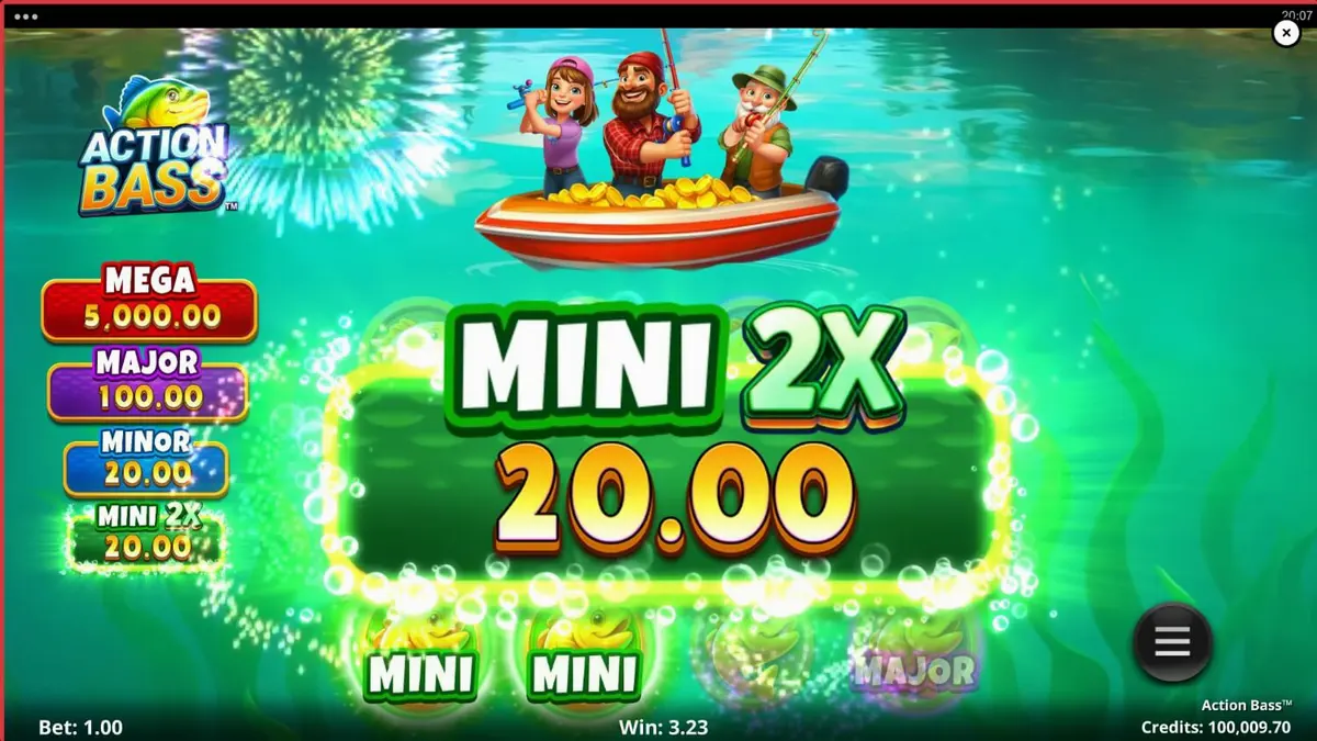 Tampilan visual slot Action Bass dengan tema memancing dan suasana danau yang tenang