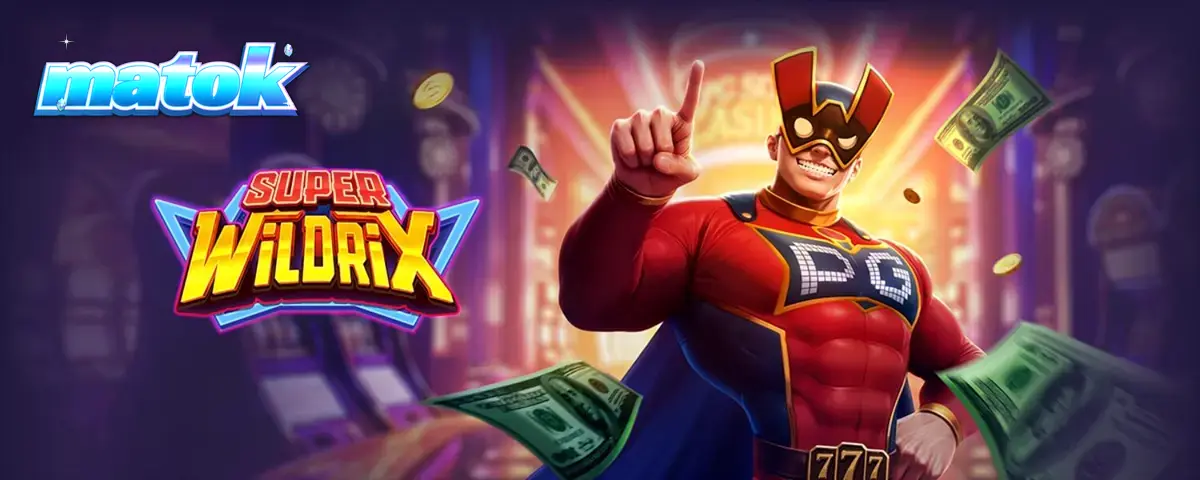 Pemandangan visual slot bertema pahlawan super Super Wildrix dengan latar belakang kota neon